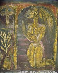 Künstlerin Frau Joana Nikolova, "Gebet", gemalener Stoff mit Wachs, 55/65 cm. Preis EURO 550