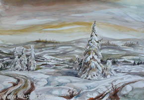 Die K�nstlerin Marina Shiderova,  Winterliche Idylle,50x35cm., Aquarell,Preis: EUR 200