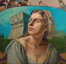 &bdquo;1388. Mittelalterliche Stadt in Rot&ldquo;, 68,5 x 66,8 cm, &Ouml;l auf Leinwand